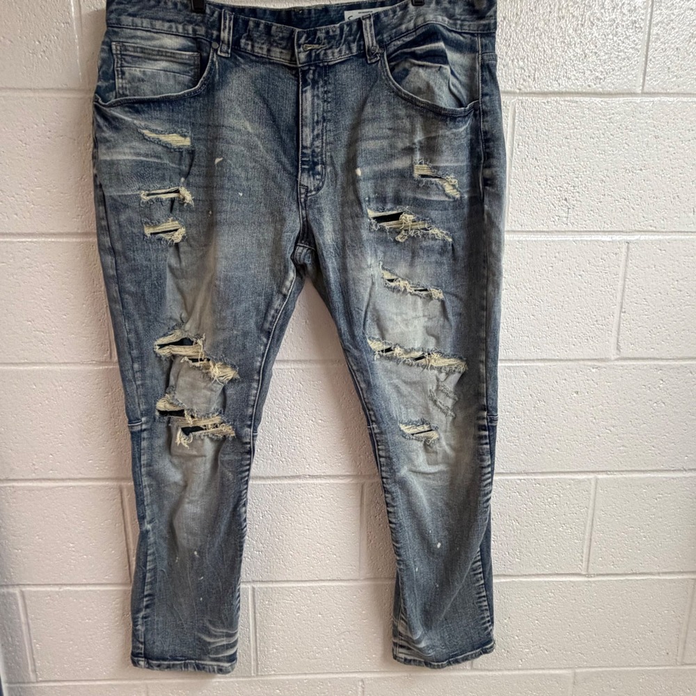 Smoke Rise Mens Distressed Ripped Moto Denim Jeans 44 Blue Paint Splatter Urban